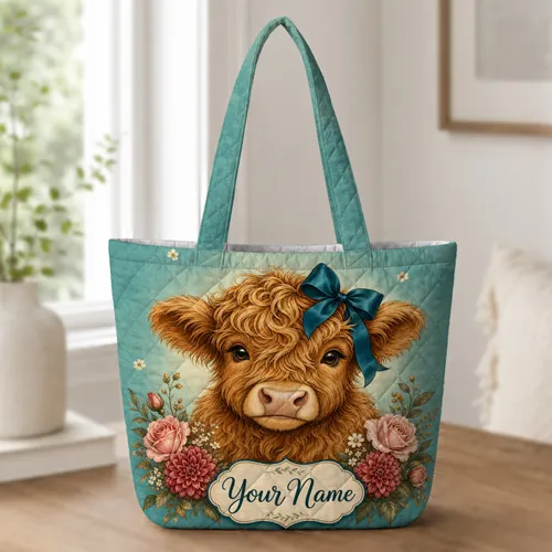 Highland Cow With Floral Teal Bow Stylish Everyday Carry Gift For Farm Animal Lovers Quilted Tote Bag