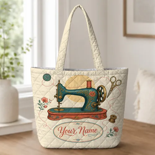 Vintage Sewing Machine Gift For Quilters, Sewing Lovers And Craft Room Decorating Quilted Tote Bag