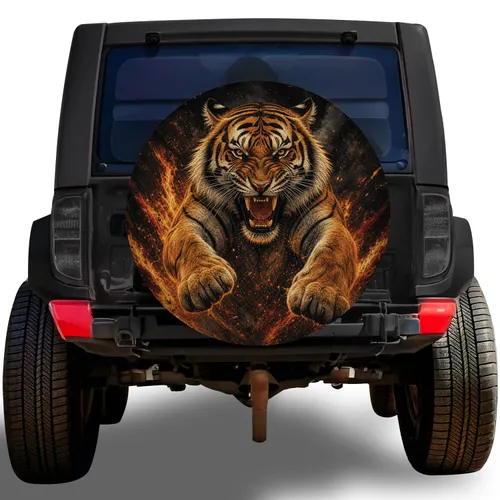 Roaring Bengal Tiger In Flames For Off-Road Adventure Wildlife Enthusiasts Spare Tire Cover