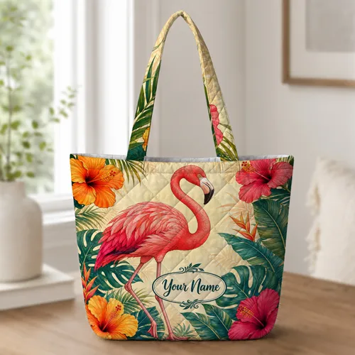 Tropical Flamingo Hibiscus Beach Travel Carryall For Summer Getaways And Daily Errands Quilted Tote Bag