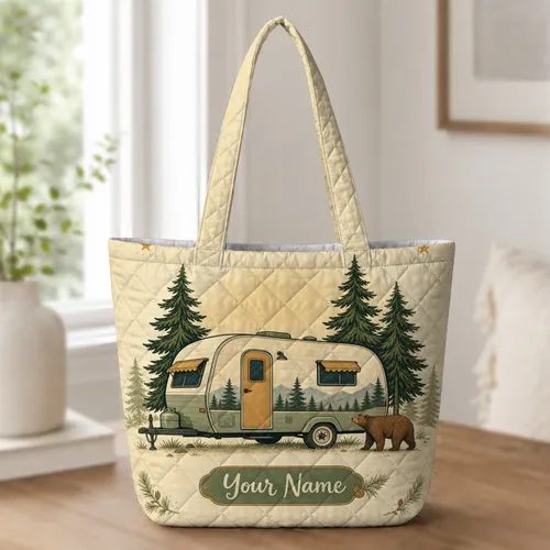 Vintage Camper And Bear Camping Adventure Gift For RV Travelers And Outdoor Lovers Quilted Tote Bag