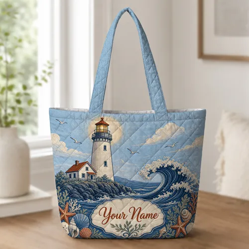 Coastal Lighthouse And Ocean Wave Beach Travel Gift For Nautical Lovers And Seaside Decor Fans Quilted Tote Bag