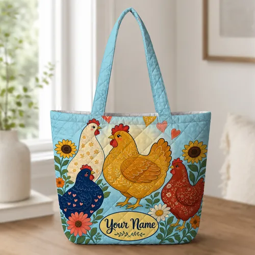 Folk Art Chicken Garden Flowers for Farmhouse Travel, Work, and Everyday Women Lovers Quilted Tote Bag