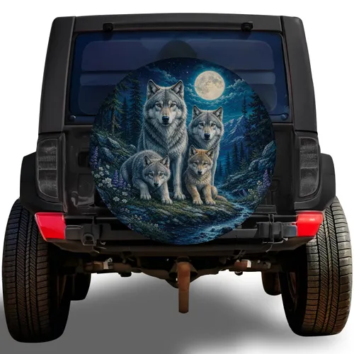 Moonlit Wolf Family In Alpine Forest Camping Adventure Gift For Outdoor Nature Lovers Spare Tire Cover
