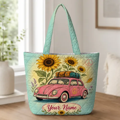 Retro Pink Car With Sunflowers Road Trip Travel Companion Gift For Boho Free Spirits Quilted Tote Bag