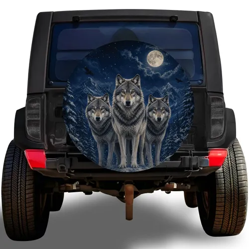 Three Gray Wolves Under Winter Moon for SUV Camping and Outdoor Adventure Lovers Spare Tire Cover