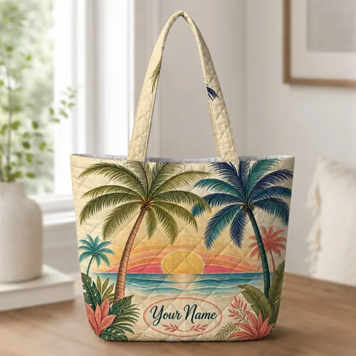 Tropical Palm Sunset Beach Travel Carryall for Vacation Getaways and Everyday Errands Quilted Tote Bag