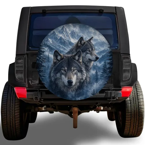 Gray Wolves And Snowy Mountains For Rugged Winter Road Trips And Adventure Drivers Spare Tire Cover