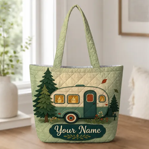 Retro Vintage Camper Woodland Scene For Weekend Getaways, Camping, And Road Trip Lovers Quilted Tote Bag