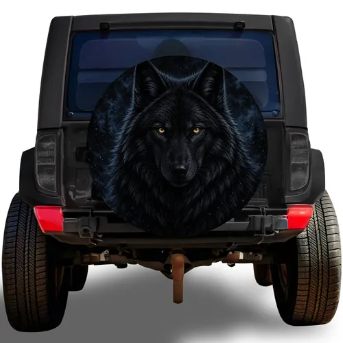 Black Wolf With Amber Eyes For Wilderness Adventure Vehicle Owners And Nature Lovers Spare Tire Cover