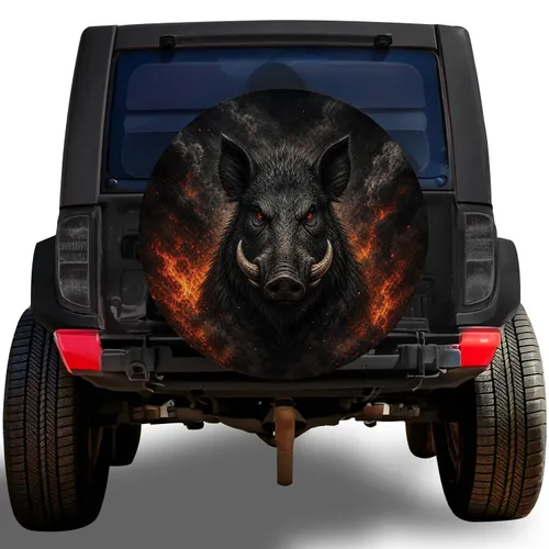 Fierce Wild Boar Firestorm Scene for Off Road Camping and Hunting Trail Enthusiasts Spare Tire Cover