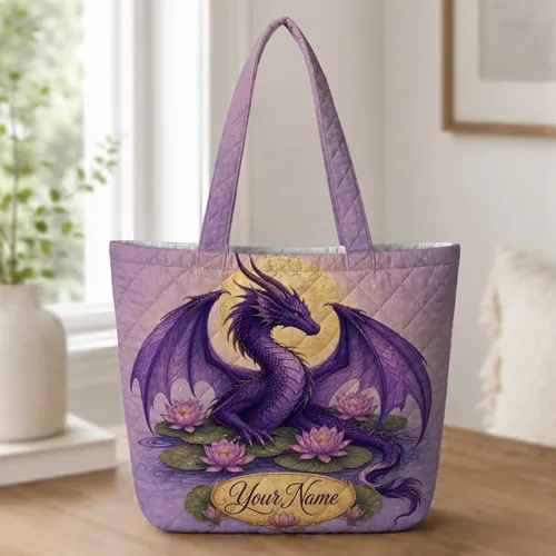 Purple Dragon Lotus Moon Fantasy Gift for Book Lovers and Mythical Creature Fans Quilted Tote Bag