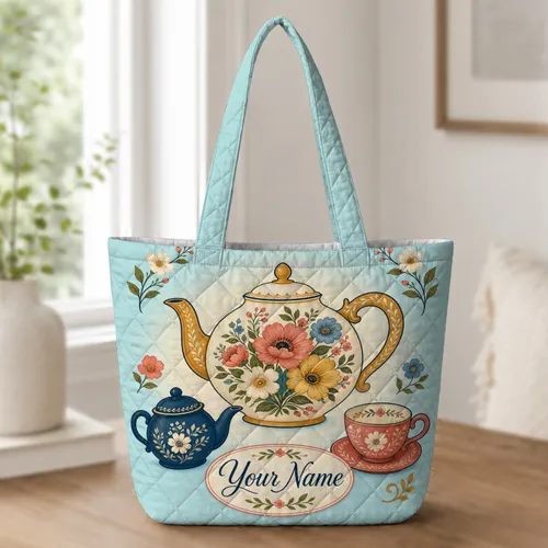 Vintage Floral Teapot Garden Tea Scene For Picnics, Market Trips And Tea Lover Gifts Quilted Tote Bag
