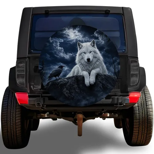 White Arctic Wolf And Raven In Moonlit Wilderness For Outdoor Adventure Vehicles Spare Tire Cover