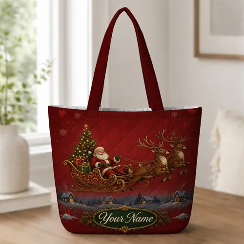 Santa Sleigh And Reindeer Christmas Village For Holiday Travel And Winter Errands Quilted Tote Bag