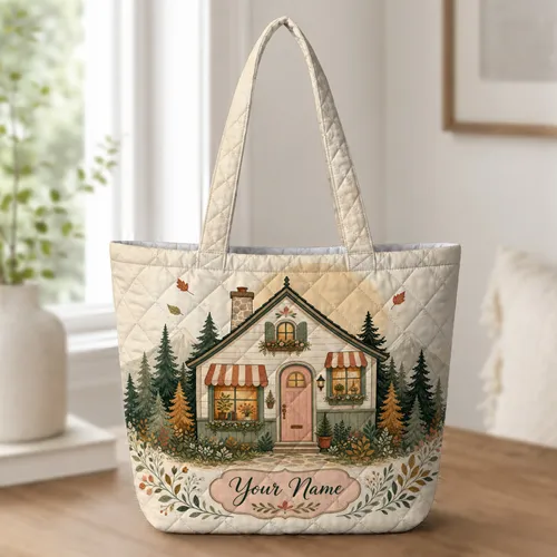 Woodland Cottage With Name Gift for Cozy Everyday Errands and Cottagecore Lovers Quilted Tote Bag