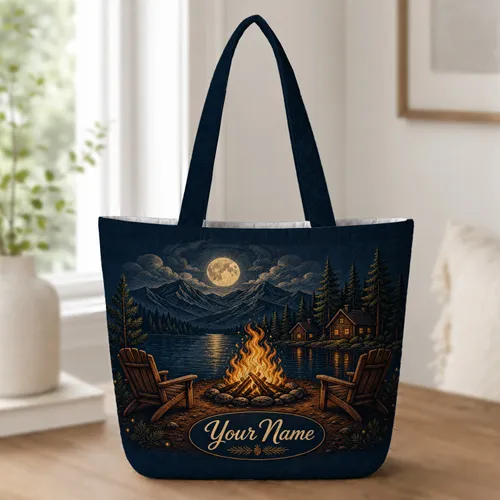 Moonlit Campfire Lake Scene For Cozy Cabin Trips And Outdoor Adventure Enthusiasts Quilted Tote Bag
