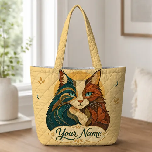 Folk Art Patchwork Long Haired Cat For Work Travel Shopping Women Daily Carry Gift Quilted Tote Bag