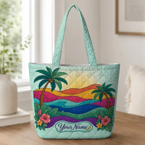 Colorful Tropical Palm Coast Landscape For Beach Travel, Shopping And Everyday Carry Quilted Tote Bag
