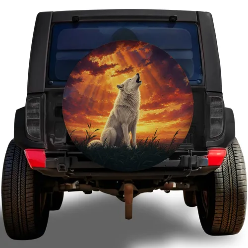 Howling White Wolf Beneath Dramatic Sunset For Outdoor Adventure And Nature Lovers Spare Tire Cover