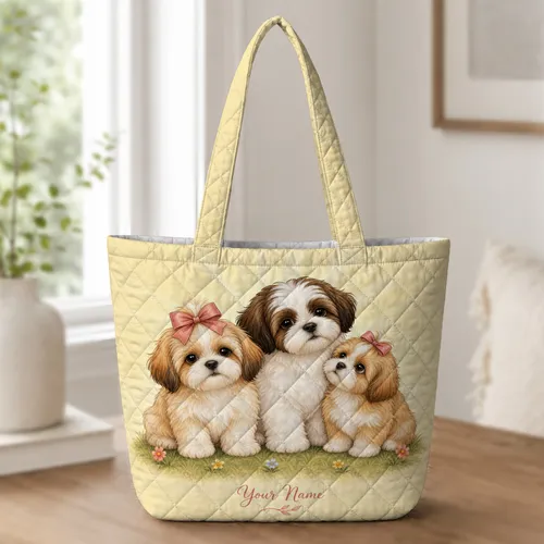 Three Shih Tzu Puppies With Bows For Dog Lovers, Beach Days, Work, Shopping Outings Quilted Tote Bag