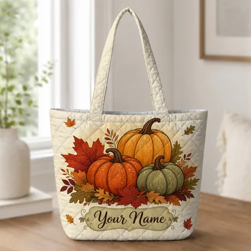 Pumpkin Harvest Still Life for Farmers Market Trips, Weekend Getaways, and Fall Travel Quilted Tote Bag