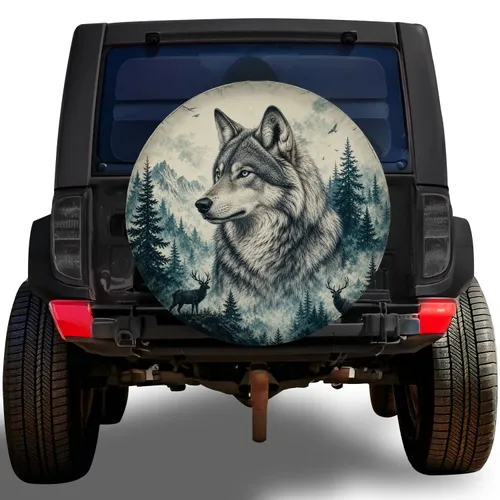 Gray Wolf And Evergreen Forest Wildlife Scene for Camping and Outdoor Travel Enthusiasts Spare Tire Cover