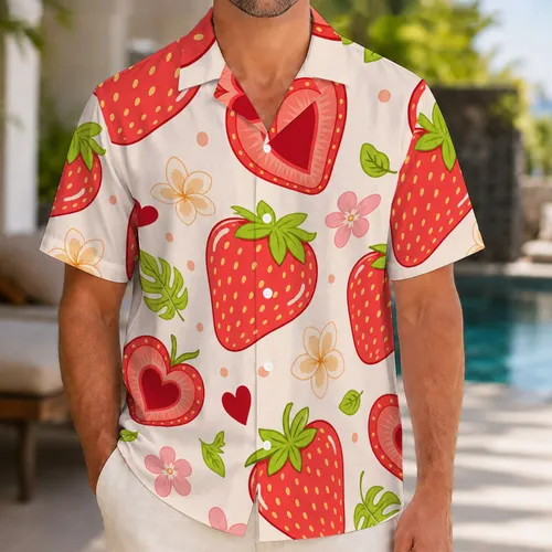 Strawberry Heart Tropical Fruit Romance for Beach Honeymoons and Resort Getaways Hawaiian Shirt
