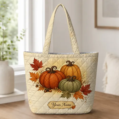 Pumpkin And Maple Leaf Harvest For Fall Market Trips And Thanksgiving Gift Giving Quilted Tote Bag