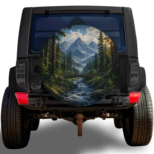 Evergreen Mountain Valley Bridge Scene For RV Camping And Outdoor Road Trip Adventures Spare Tire Cover