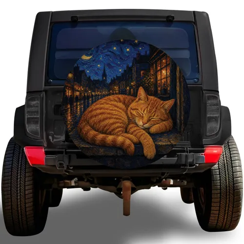 Sleeping Ginger Tabby Cat Under Swirling Night Sky For Cozy City Street Cat Lovers Spare Tire Cover