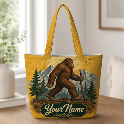 Vintage Sasquatch Mountain Scene For Hiking Trips And Outdoor Adventure And Nature Lovers Quilted Tote Bag