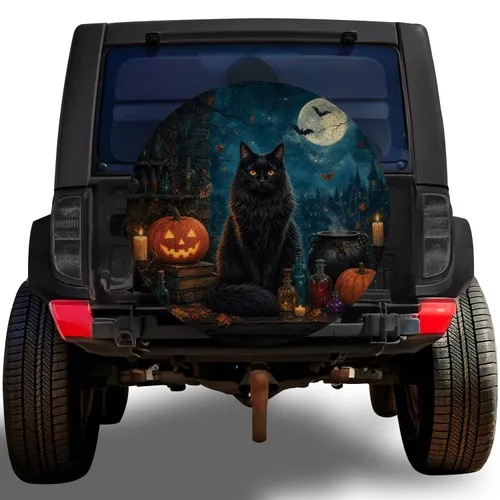 Black Cat Moon Pumpkin Scene For Halloween Road Trips And Gothic Vehicle Decor Lovers Spare Tire Cover