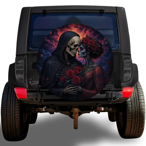 Gothic Skeleton Lovers With Crimson Roses For Day Of The Dead Halloween Vehicle Decor Spare Tire Cover