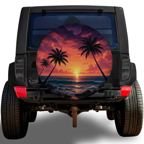 Tropical Sunset Palm Trees Ocean Scene For Beach Travel Jeep And SUV Outdoor Owners Spare Tire Cover