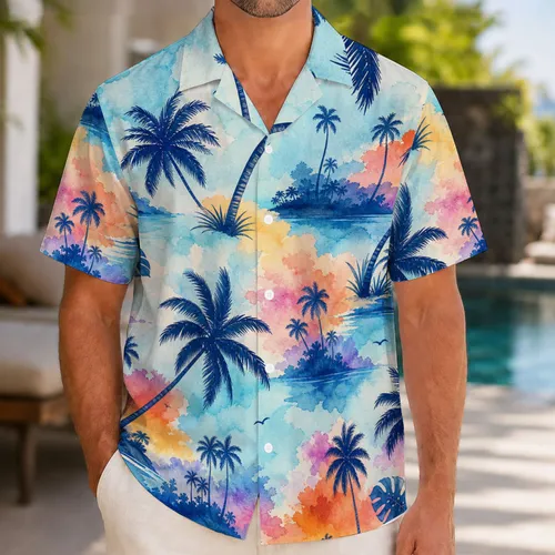 Tropical Palm Sunset Watercolor Beach Vacation Casual Camp Collar Button Top for Men Hawaiian Shirt