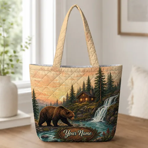Wilderness Bear Cabin Waterfall Sunset For Hiking Camping And Outdoor Getaways Quilted Tote Bag