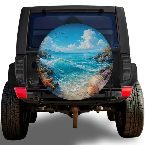 Tropical Ocean Wave Coral Reef Beach Scene For Coastal Jeep SUV Summer Travel Adventures Spare Tire Cover