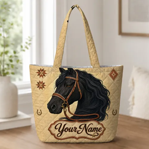 Western Black Horse Head Equestrian Style For Ranch Travel Shows And Horse Lovers Quilted Tote Bag