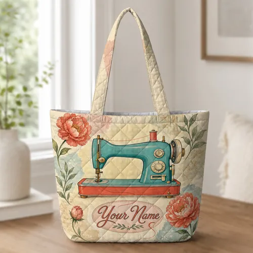 Vintage Sewing Machine Floral Carryall for Quilters, Crafters and Sewing Enthusiasts Quilted Tote Bag