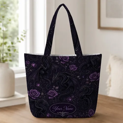 Black Dragons And Purple Roses Gothic Overnight Travel Carryall For Fantasy Lovers Quilted Tote Bag