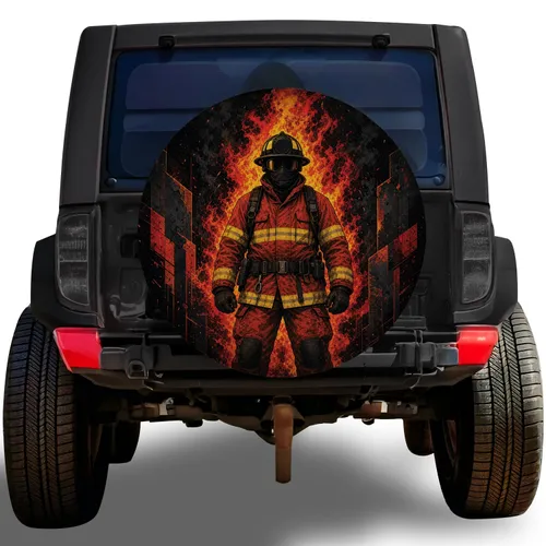 Heroic Firefighter In Flames For Fire Service Pride And First Responder Gift Giving Spare Tire Cover