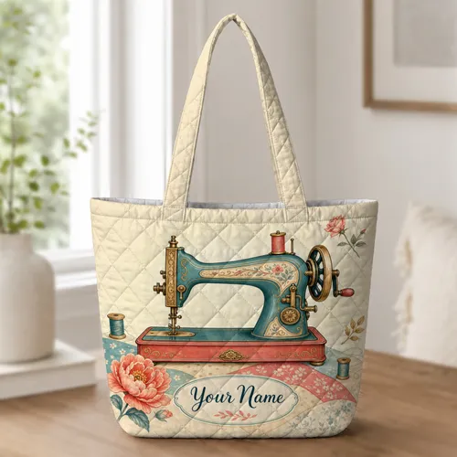 Vintage Sewing Machine With Flowers for Quilters, Sewing Fans and Craft Lovers Gift Quilted Tote Bag