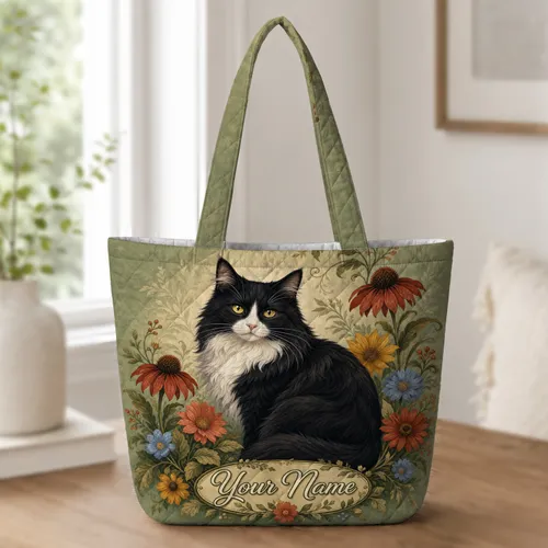 Tuxedo Cat With Autumn Flowers For Weekend Travel, Markets And Garden Lover Gifts Quilted Tote Bag