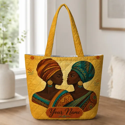 Afro Bohemian Black Women Headwrap Art for Travel, Work, and Everyday Style Lovers Quilted Tote Bag