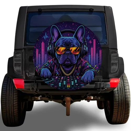 Neon French Bulldog DJ With City Equalizer For Music Lovers Road Trip Adventure Style Spare Tire Cover