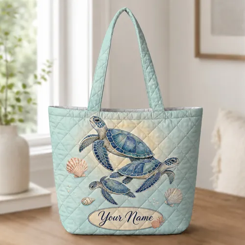 Sea Turtle And Shell Coastal Beach Companion For Travel, School, And Everyday Carry Quilted Tote Bag