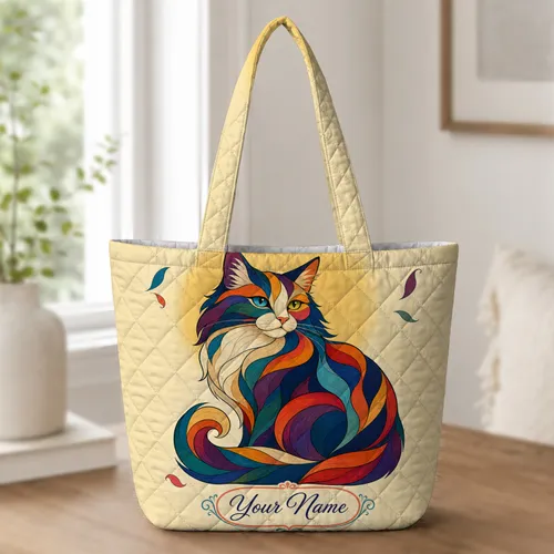 Colorful Long-Haired Cat Collage For Daily Errands, Travel, And Cat Lovers Alike Quilted Tote Bag
