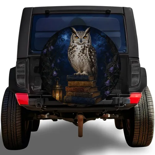 Horned Owl Books Lantern Moonlit Forest For Mystical Book Lovers And Night Drives Spare Tire Cover