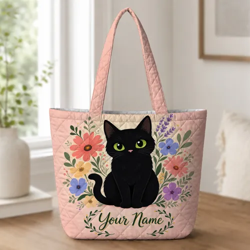 Black Cat With Spring Flowers Travel, Gym And Overnight Carryall For Active Cat Lovers Quilted Tote Bag